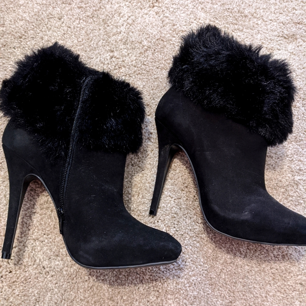 Sexy, high-heel boots with faux-fur cuff.